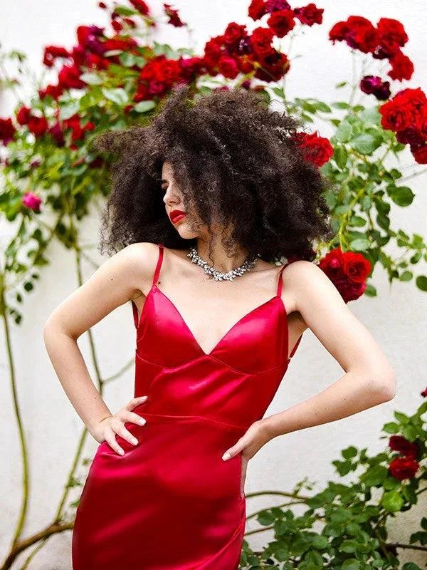Sheath/Column Silk like Satin V-neck Sleeveless Ruffles Prom Dresses - Image 4