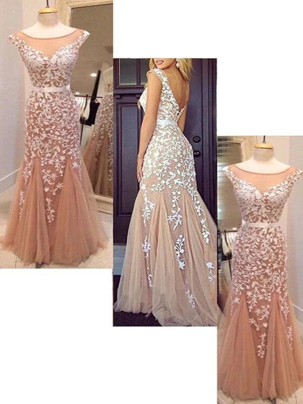 Sheath/Column Sleeveless Bateau Tulle Applique Floor-Length Prom Dresses - Image 2