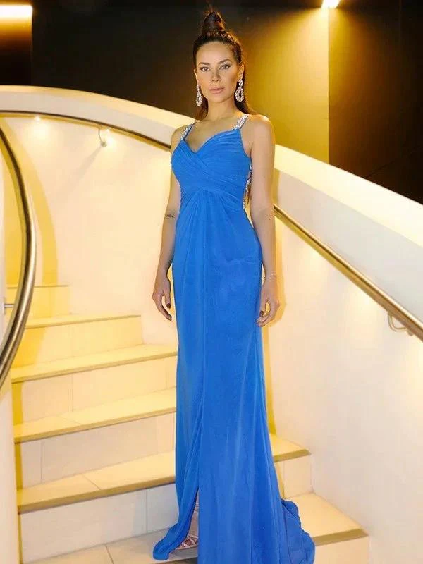Sheath/Column Sleeveless Chiffon Ruched Straps Floor-Length Prom Dresses - Image 2
