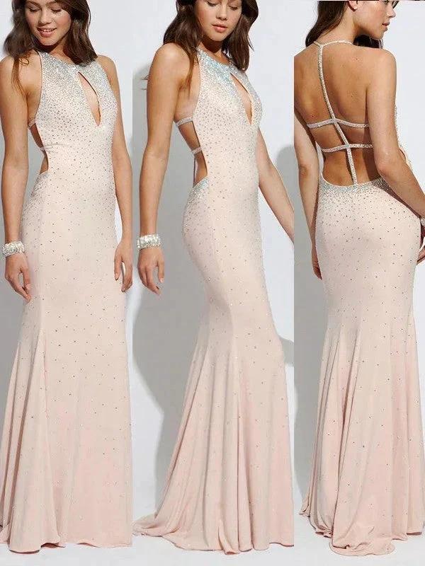 Sheath/Column Sleeveless Halter Beading Jersey Prom Dresses - Image 2
