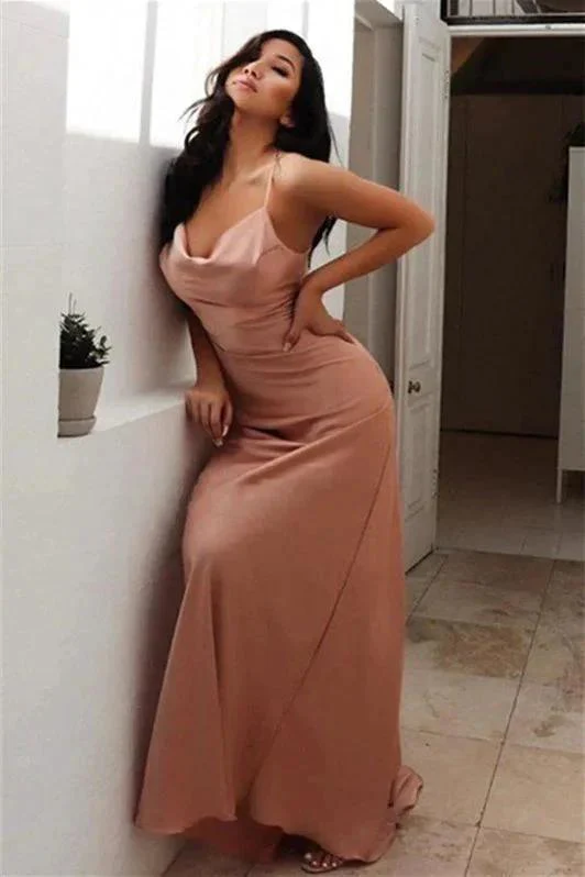 Sheath/Column Spaghetti Straps Satin Ruched Sleeveless Prom Dresses - Image 2