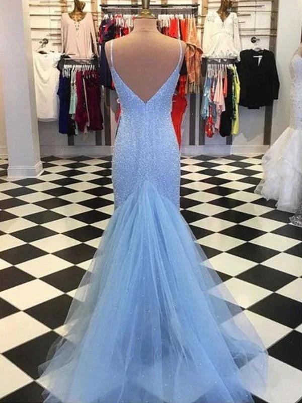 Sheath/Column Spaghetti Straps Sleeveless Tulle Sequin Prom Dresses - Image 2