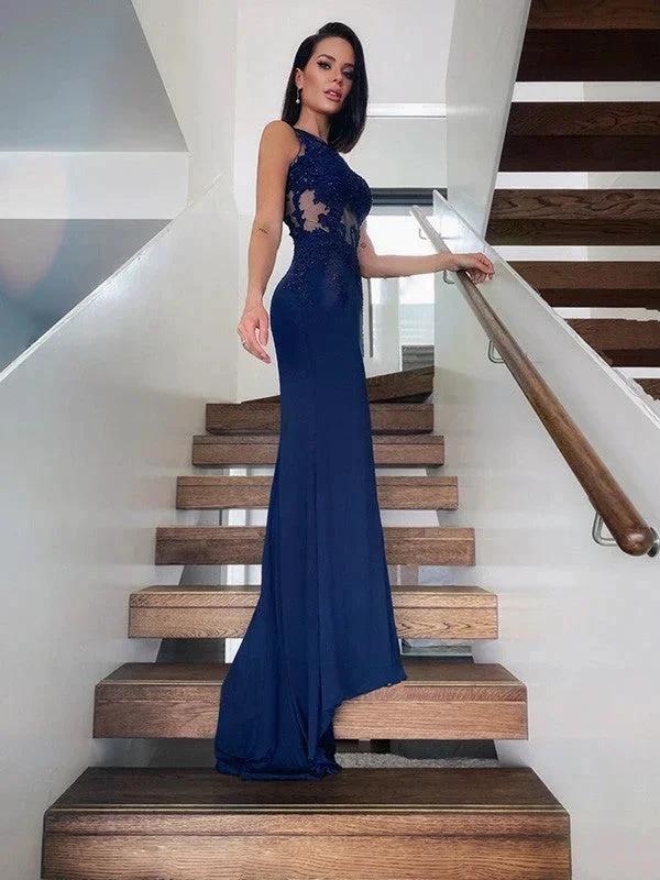Sheath/Column Spandex Sleeveless Applique Scoop Prom Dresses - Image 5