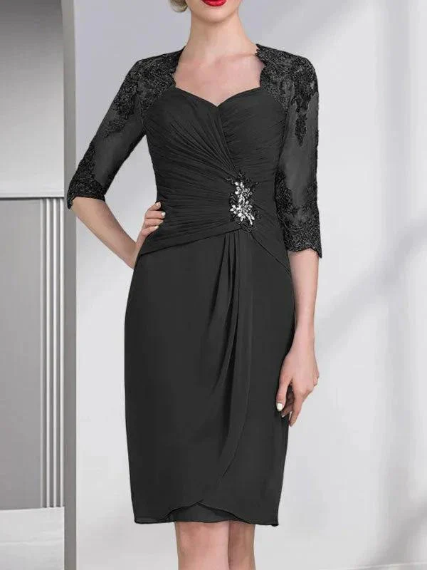 Sheath/Column Sweetheart Knee-Length Chiffon Mother of the Bride Dress With Beading Appliques Lace Sequins Pleated - Image 11