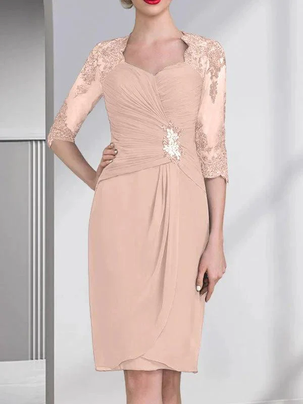 Sheath/Column Sweetheart Knee-Length Chiffon Mother of the Bride Dress With Beading Appliques Lace Sequins Pleated - Image 13