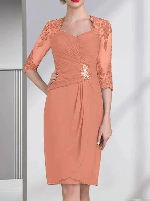 Sheath/Column Sweetheart Knee-Length Chiffon Mother of the Bride Dress With Beading Appliques Lace Sequins Pleated - Image 16