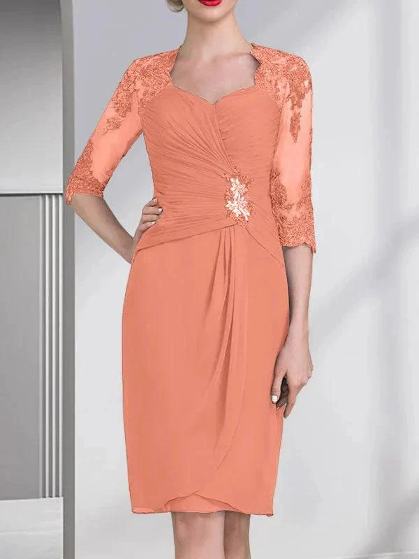 Sheath/Column Sweetheart Knee-Length Chiffon Mother of the Bride Dress With Beading Appliques Lace Sequins Pleated - Image 17