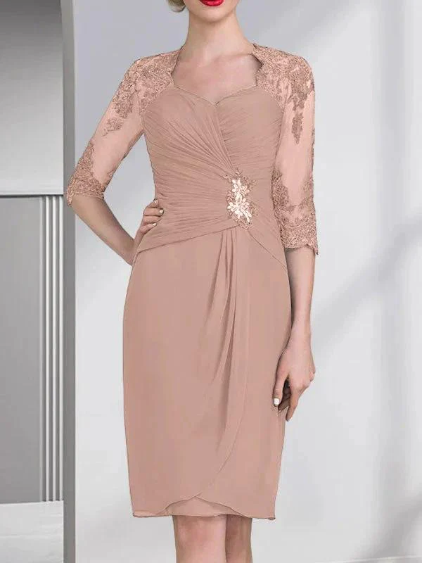 Sheath/Column Sweetheart Knee-Length Chiffon Mother of the Bride Dress With Beading Appliques Lace Sequins Pleated - Image 18