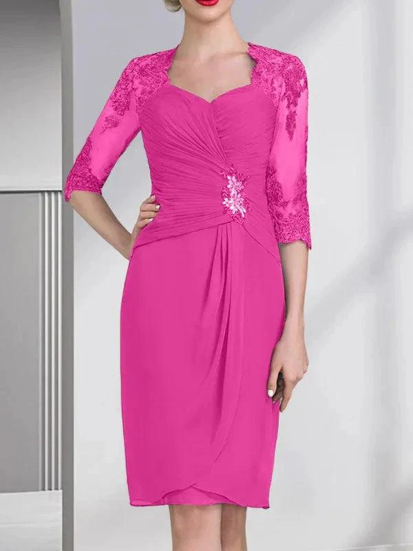 Sheath/Column Sweetheart Knee-Length Chiffon Mother of the Bride Dress With Beading Appliques Lace Sequins Pleated - Image 19