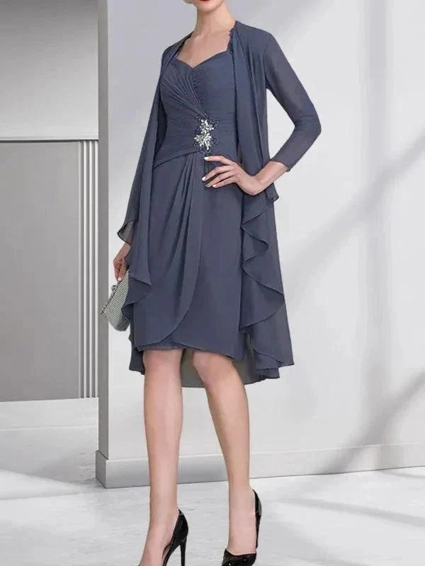 Sheath/Column Sweetheart Knee-Length Chiffon Mother of the Bride Dress With Beading Appliques Lace Sequins Pleated - Image 2