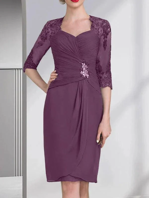 Sheath/Column Sweetheart Knee-Length Chiffon Mother of the Bride Dress With Beading Appliques Lace Sequins Pleated - Image 21