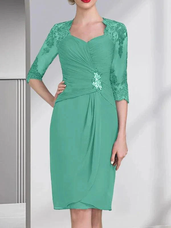 Sheath/Column Sweetheart Knee-Length Chiffon Mother of the Bride Dress With Beading Appliques Lace Sequins Pleated - Image 24