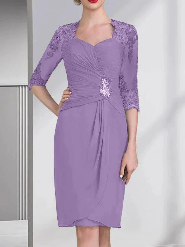 Sheath/Column Sweetheart Knee-Length Chiffon Mother of the Bride Dress With Beading Appliques Lace Sequins Pleated - Image 26