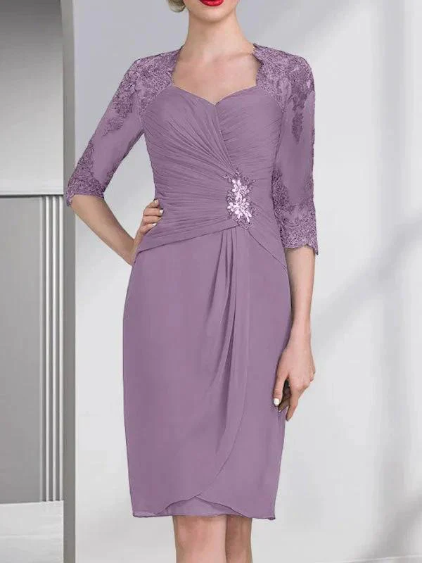 Sheath/Column Sweetheart Knee-Length Chiffon Mother of the Bride Dress With Beading Appliques Lace Sequins Pleated - Image 27