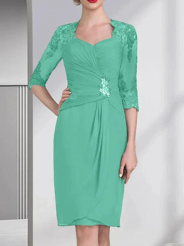 Sheath/Column Sweetheart Knee-Length Chiffon Mother of the Bride Dress With Beading Appliques Lace Sequins Pleated - Image 28