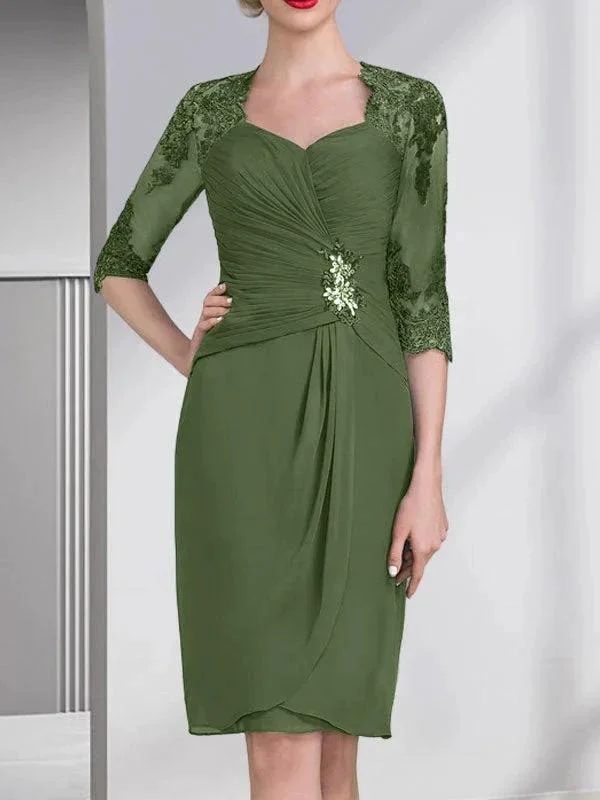 Sheath/Column Sweetheart Knee-Length Chiffon Mother of the Bride Dress With Beading Appliques Lace Sequins Pleated - Image 30