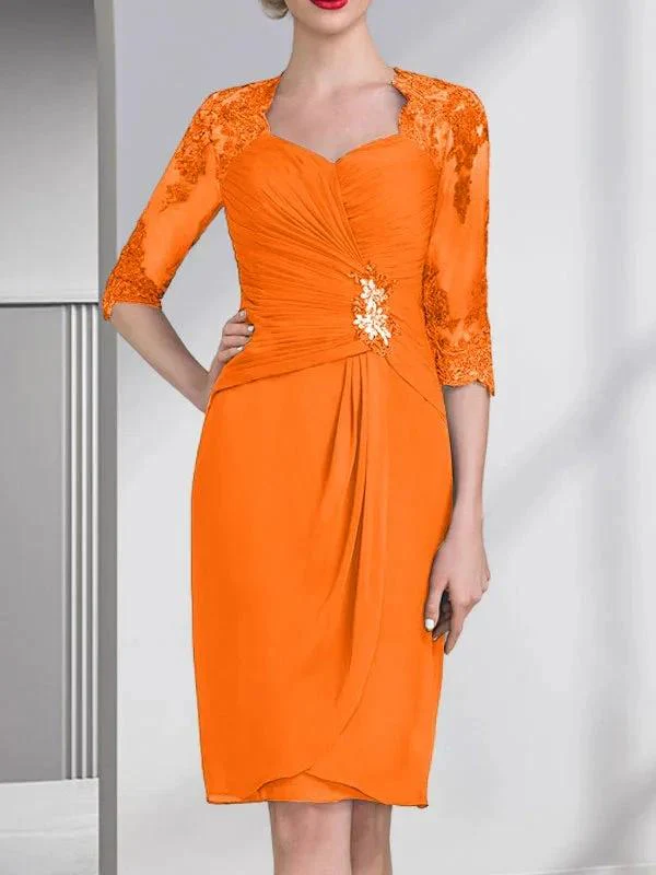 Sheath/Column Sweetheart Knee-Length Chiffon Mother of the Bride Dress With Beading Appliques Lace Sequins Pleated - Image 31