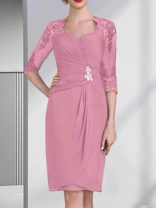 Sheath/Column Sweetheart Knee-Length Chiffon Mother of the Bride Dress With Beading Appliques Lace Sequins Pleated - Image 33