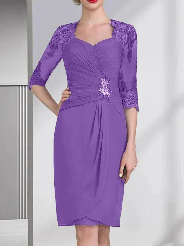 Sheath/Column Sweetheart Knee-Length Chiffon Mother of the Bride Dress With Beading Appliques Lace Sequins Pleated - Image 34