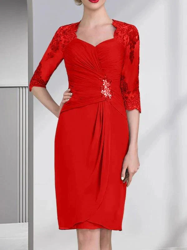 Sheath/Column Sweetheart Knee-Length Chiffon Mother of the Bride Dress With Beading Appliques Lace Sequins Pleated - Image 35