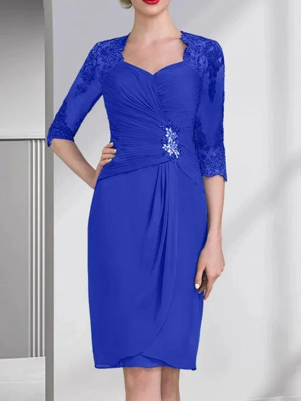 Sheath/Column Sweetheart Knee-Length Chiffon Mother of the Bride Dress With Beading Appliques Lace Sequins Pleated - Image 36
