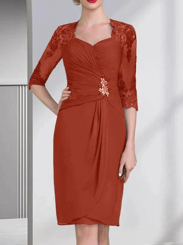 Sheath/Column Sweetheart Knee-Length Chiffon Mother of the Bride Dress With Beading Appliques Lace Sequins Pleated - Image 37