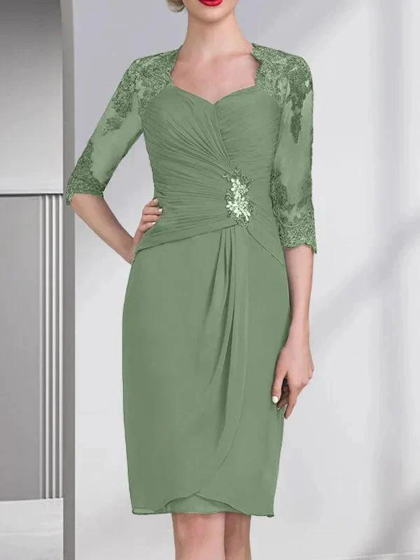 Sheath/Column Sweetheart Knee-Length Chiffon Mother of the Bride Dress With Beading Appliques Lace Sequins Pleated - Image 38