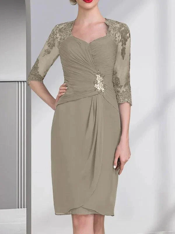 Sheath/Column Sweetheart Knee-Length Chiffon Mother of the Bride Dress With Beading Appliques Lace Sequins Pleated - Image 39