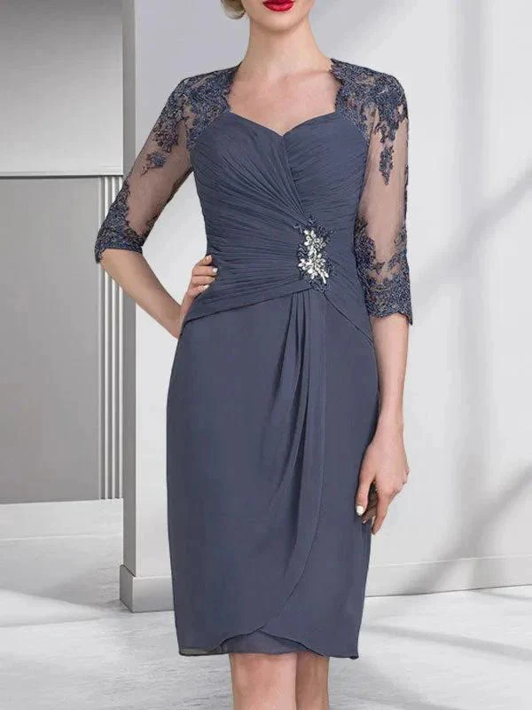 Sheath/Column Sweetheart Knee-Length Chiffon Mother of the Bride Dress With Beading Appliques Lace Sequins Pleated - Image 4