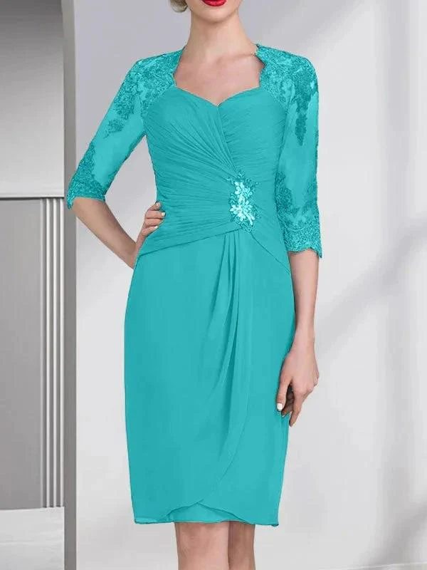 Sheath/Column Sweetheart Knee-Length Chiffon Mother of the Bride Dress With Beading Appliques Lace Sequins Pleated - Image 41