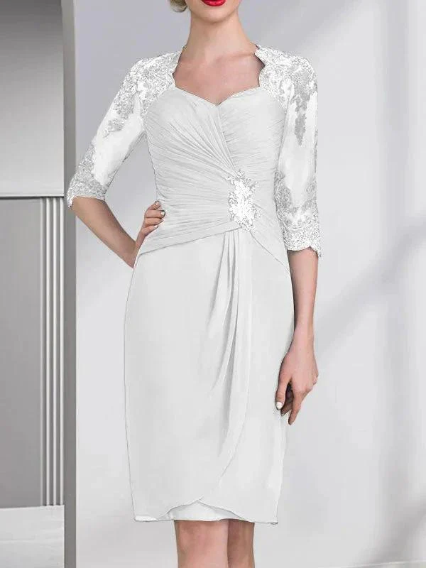 Sheath/Column Sweetheart Knee-Length Chiffon Mother of the Bride Dress With Beading Appliques Lace Sequins Pleated - Image 42