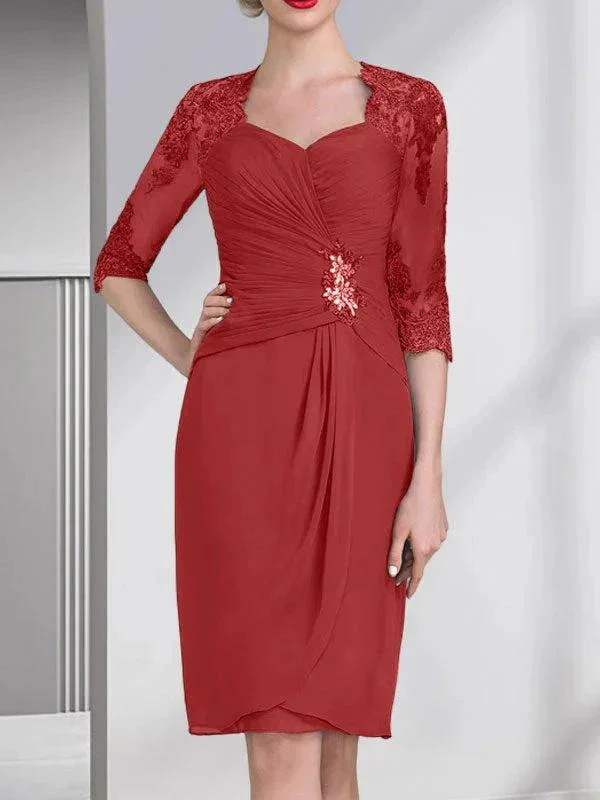 Sheath/Column Sweetheart Knee-Length Chiffon Mother of the Bride Dress With Beading Appliques Lace Sequins Pleated - Image 43
