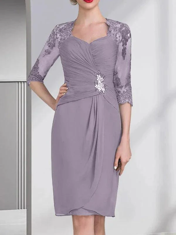 Sheath/Column Sweetheart Knee-Length Chiffon Mother of the Bride Dress With Beading Appliques Lace Sequins Pleated - Image 44