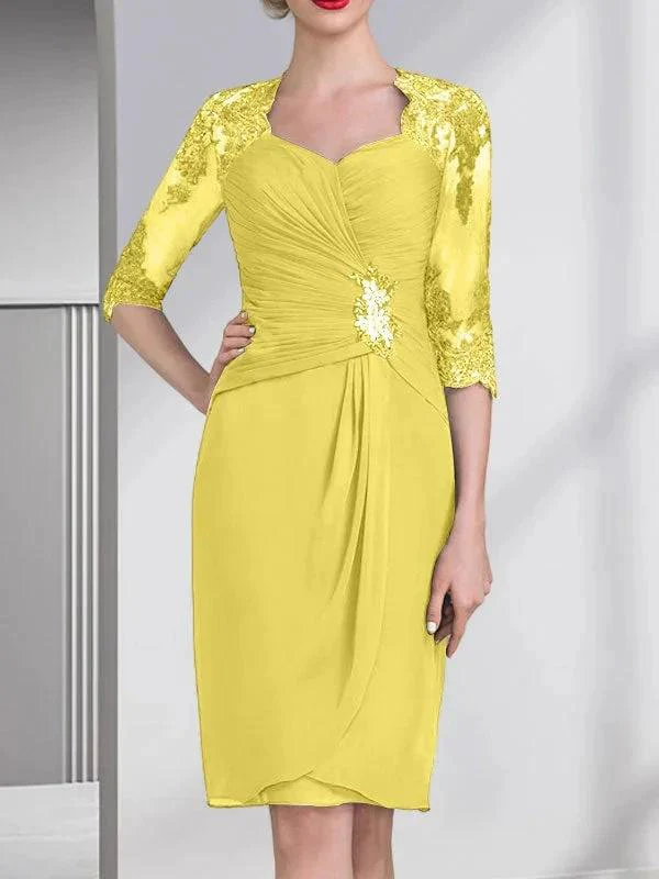 Sheath/Column Sweetheart Knee-Length Chiffon Mother of the Bride Dress With Beading Appliques Lace Sequins Pleated - Image 45