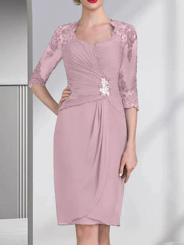 Sheath/Column Sweetheart Knee-Length Chiffon Mother of the Bride Dress With Beading Appliques Lace Sequins Pleated - Image 46