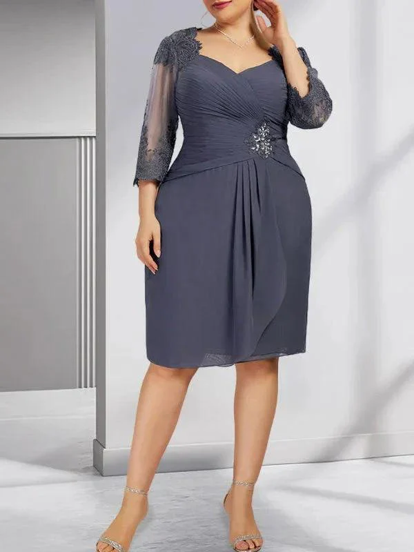 Sheath/Column Sweetheart Knee-Length Chiffon Mother of the Bride Dress With Beading Appliques Lace Sequins Pleated - Image 8