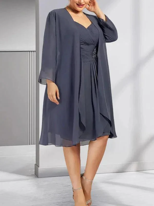 Sheath/Column Sweetheart Knee-Length Chiffon Mother of the Bride Dress With Beading Appliques Lace Sequins Pleated - Image 9