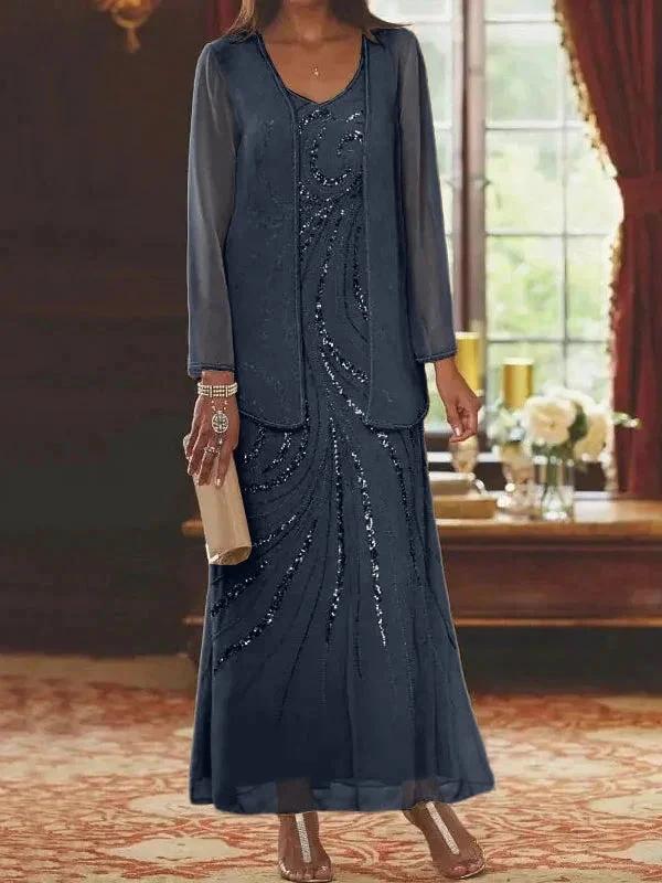 Sheath/Column V-Neck Ankle-Length Mother of the Bride Dresses with Jacket & Sequins - Image 10