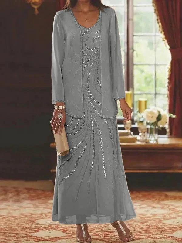 Sheath/Column V-Neck Ankle-Length Mother of the Bride Dresses with Jacket & Sequins - Image 11