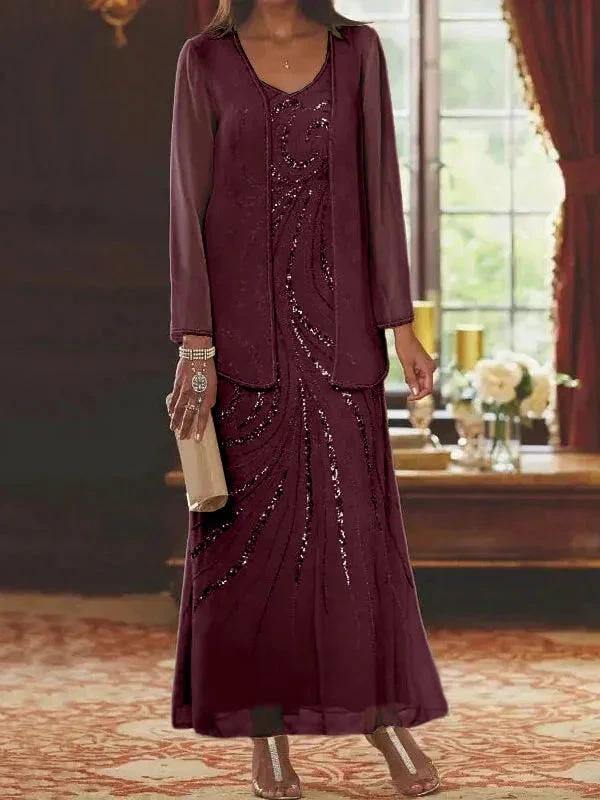 Sheath/Column V-Neck Ankle-Length Mother of the Bride Dresses with Jacket & Sequins - Image 12