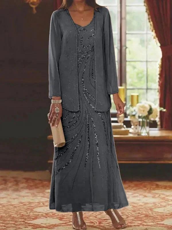 Sheath/Column V-Neck Ankle-Length Mother of the Bride Dresses with Jacket & Sequins - Image 13