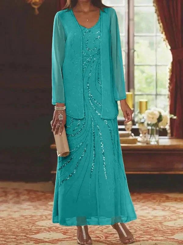 Sheath/Column V-Neck Ankle-Length Mother of the Bride Dresses with Jacket & Sequins - Image 15