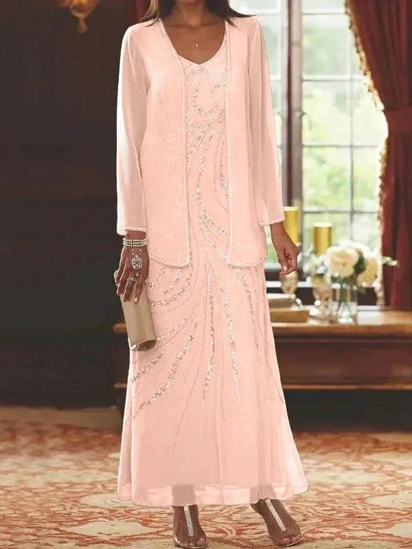 Sheath/Column V-Neck Ankle-Length Mother of the Bride Dresses with Jacket & Sequins - Image 16