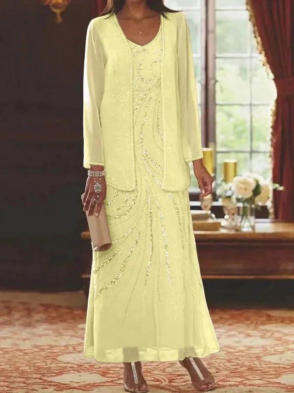Sheath/Column V-Neck Ankle-Length Mother of the Bride Dresses with Jacket & Sequins - Image 19