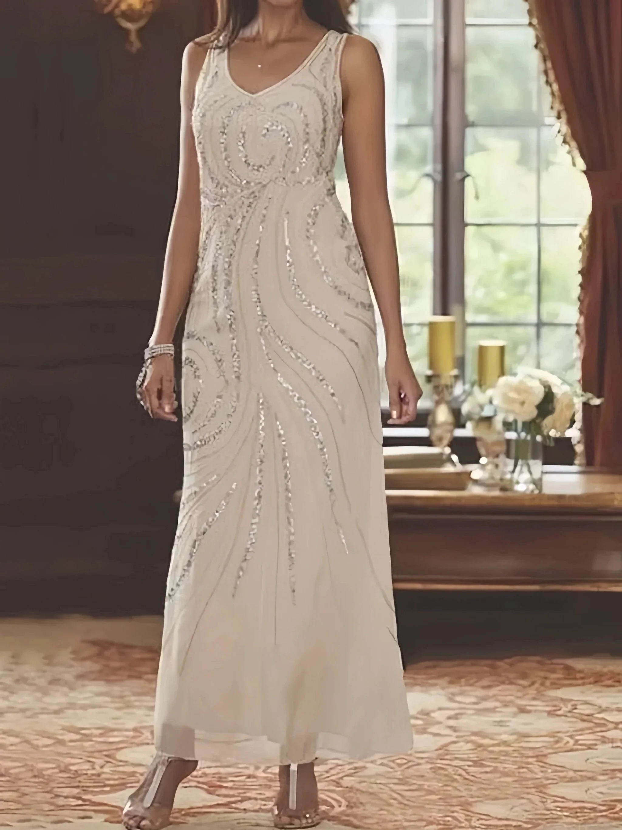 Sheath/Column V-Neck Ankle-Length Mother of the Bride Dresses with Jacket & Sequins - Image 2