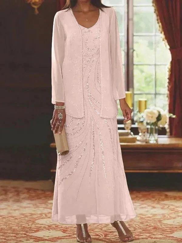 Sheath/Column V-Neck Ankle-Length Mother of the Bride Dresses with Jacket & Sequins - Image 20