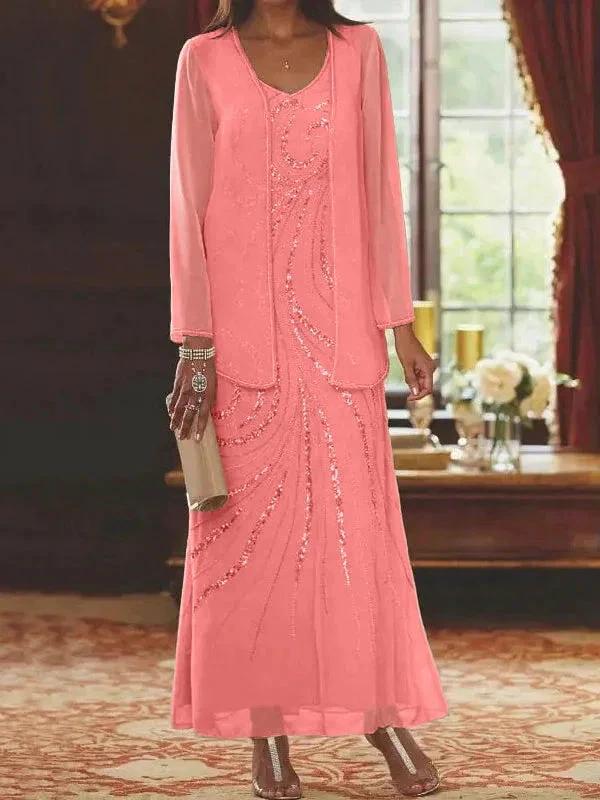 Sheath/Column V-Neck Ankle-Length Mother of the Bride Dresses with Jacket & Sequins - Image 21