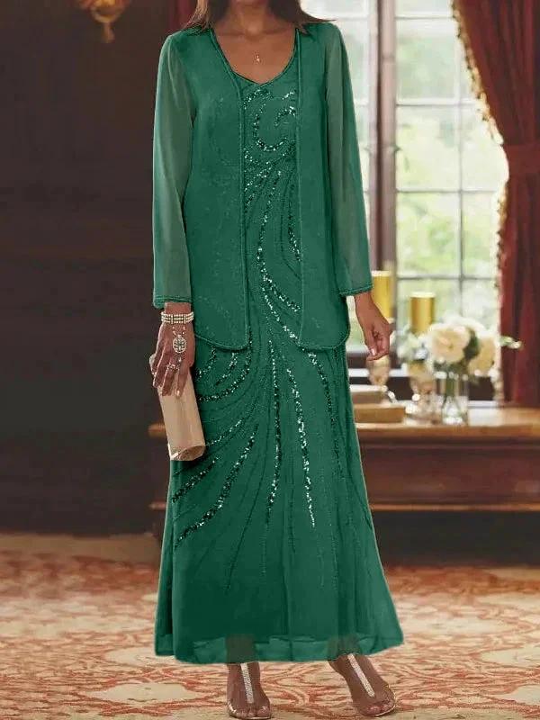 Sheath/Column V-Neck Ankle-Length Mother of the Bride Dresses with Jacket & Sequins - Image 22