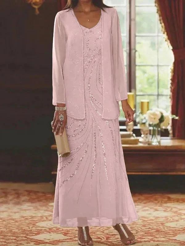Sheath/Column V-Neck Ankle-Length Mother of the Bride Dresses with Jacket & Sequins - Image 24