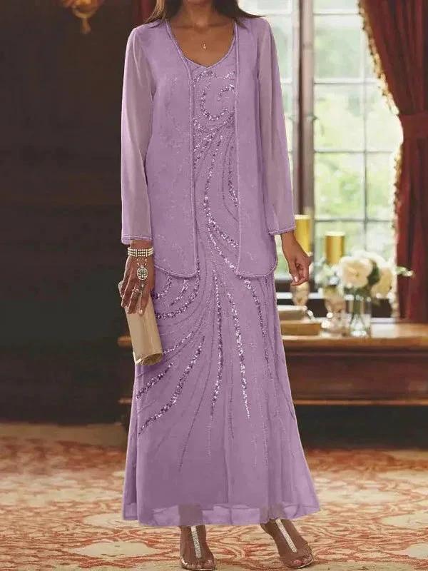 Sheath/Column V-Neck Ankle-Length Mother of the Bride Dresses with Jacket & Sequins - Image 25